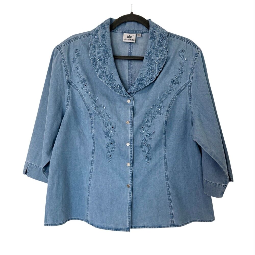 Lafei-Nier Chambray Top 3XL Plus Size Bling Cottagecore Boho Embroidered